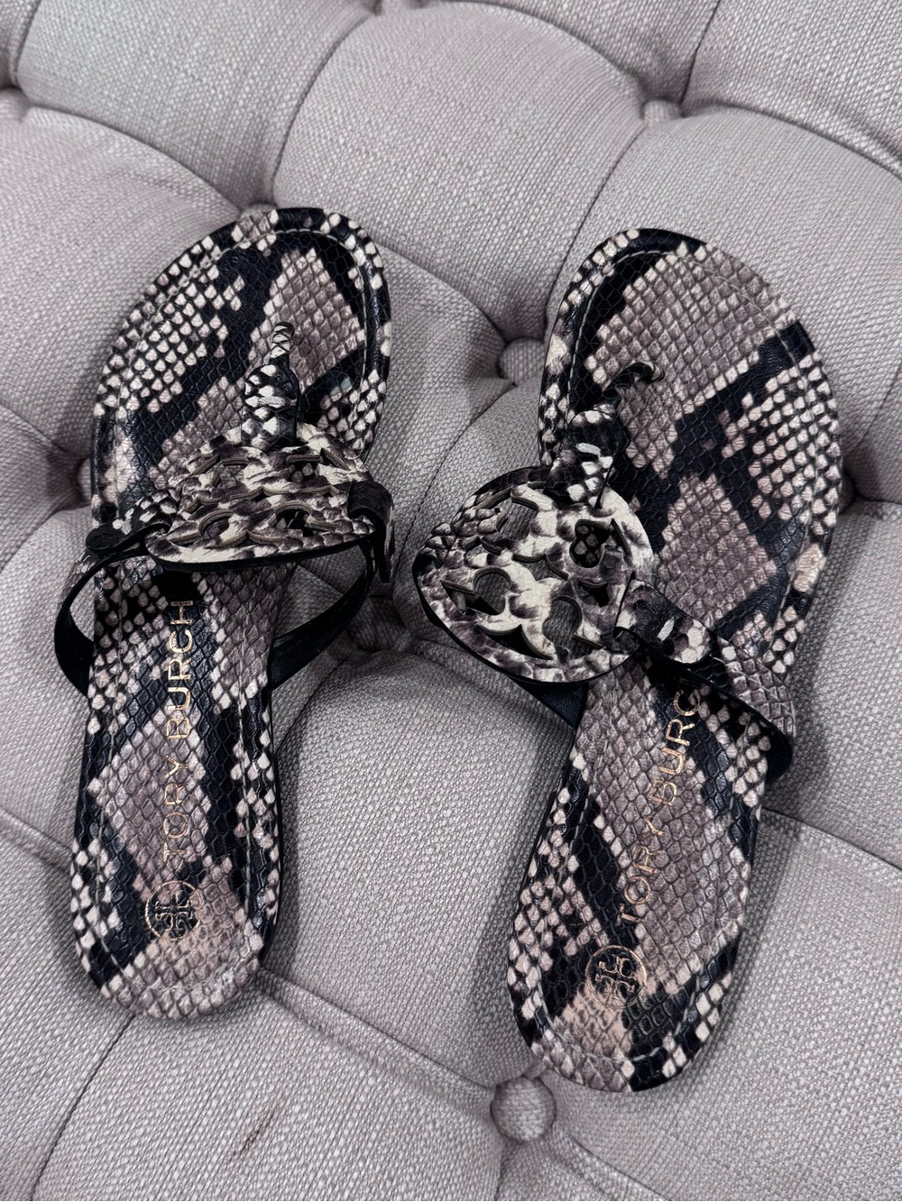 Tory Burch Snake-Print Miller Sandals in Black and Gray